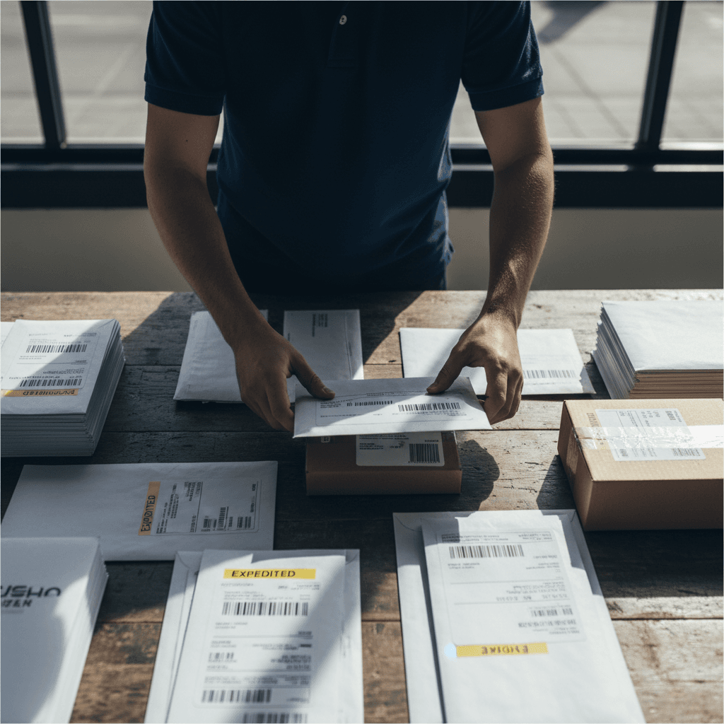 ECCO courier handling packages in organized warehouse environment