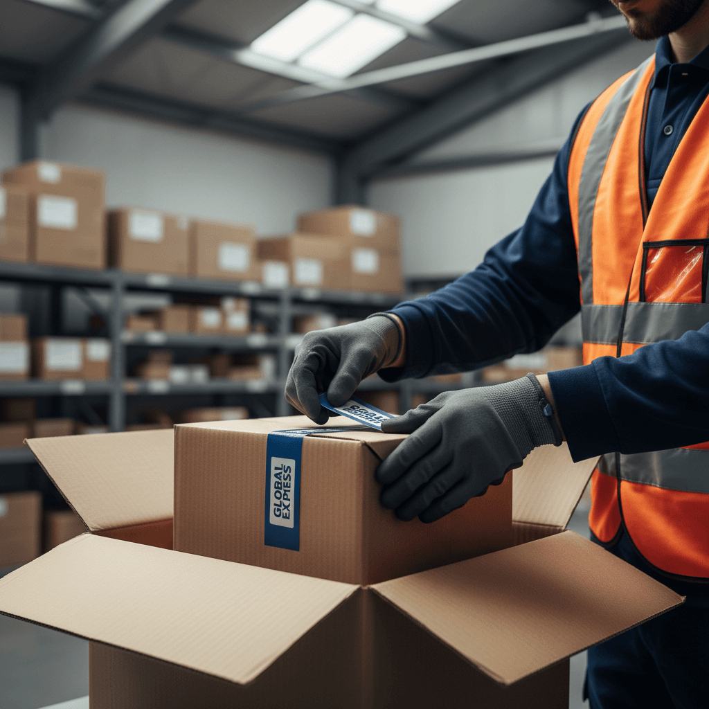 Courier preparing package for delivery with tracking system