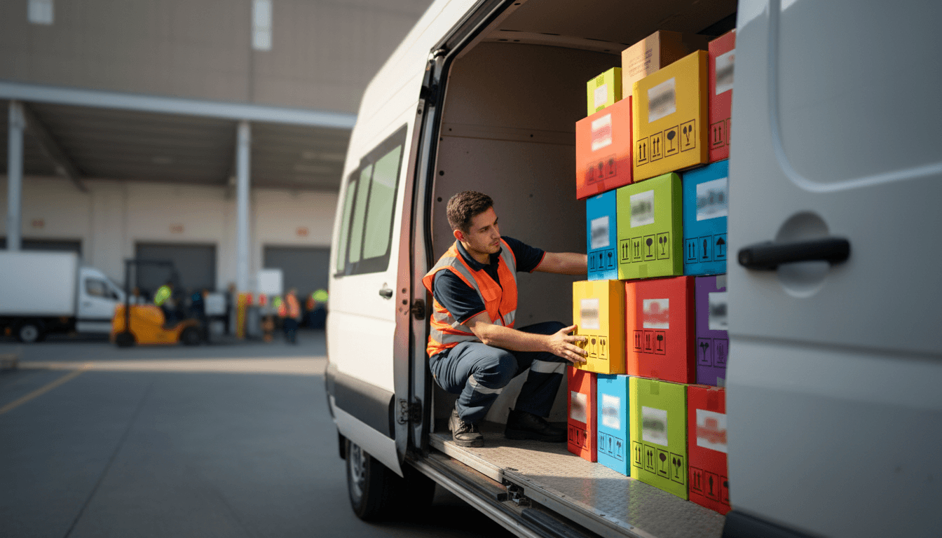 Courier professional handling tracked package at logistics facility